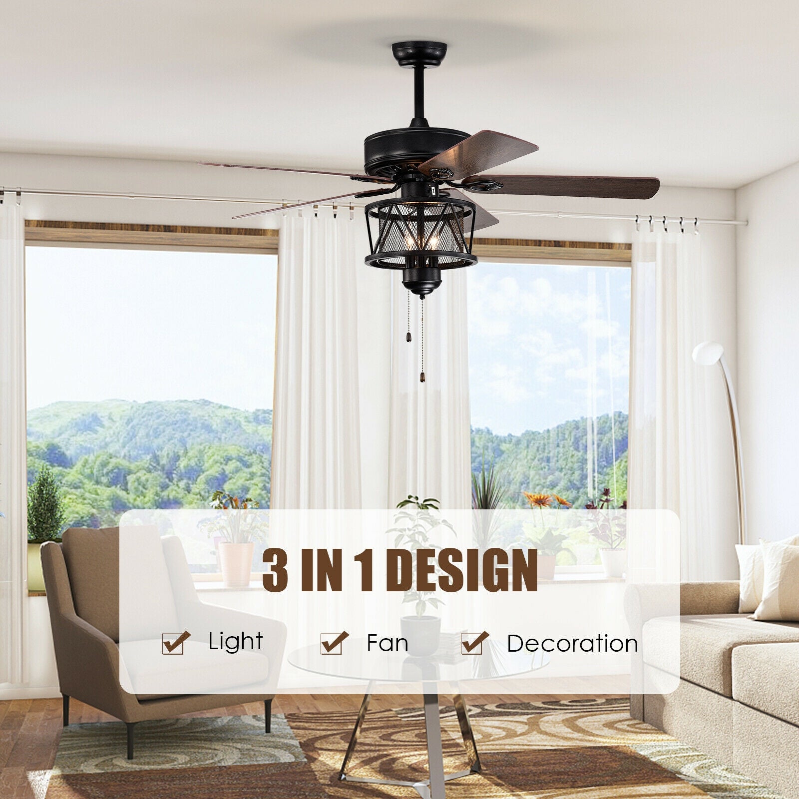 50 Inch Ceiling Fan With Lights, Reversible Blades, Pull Chain, Black Ceiling Fans at Gallery Canada
