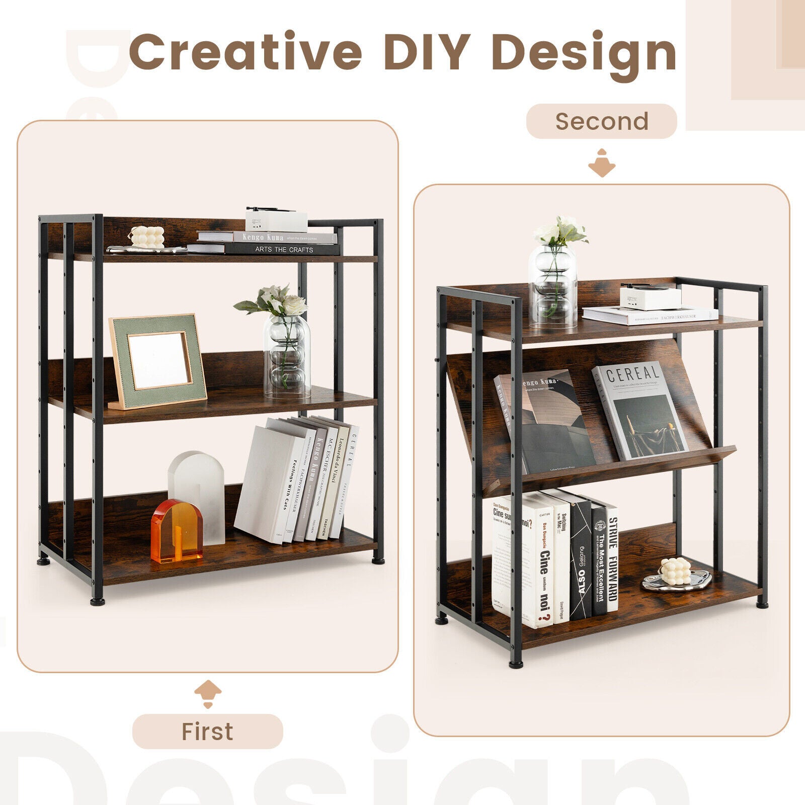 3-Tier Industrial Bookshelf, Adjustable Shelves, Brown Bookcases at Gallery Canada
