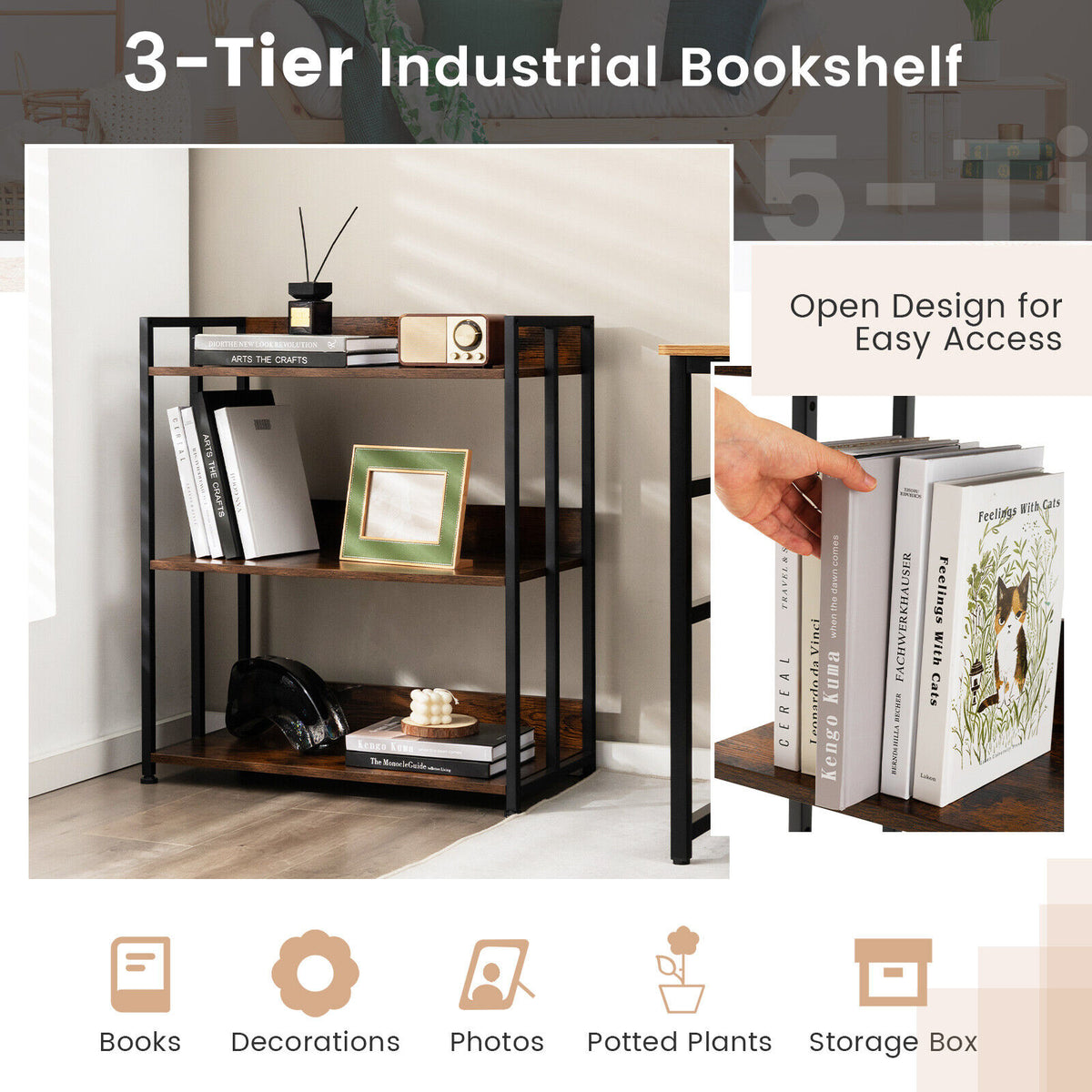 3-Tier Industrial Bookshelf, Adjustable Shelves, Brown Bookcases at Gallery Canada