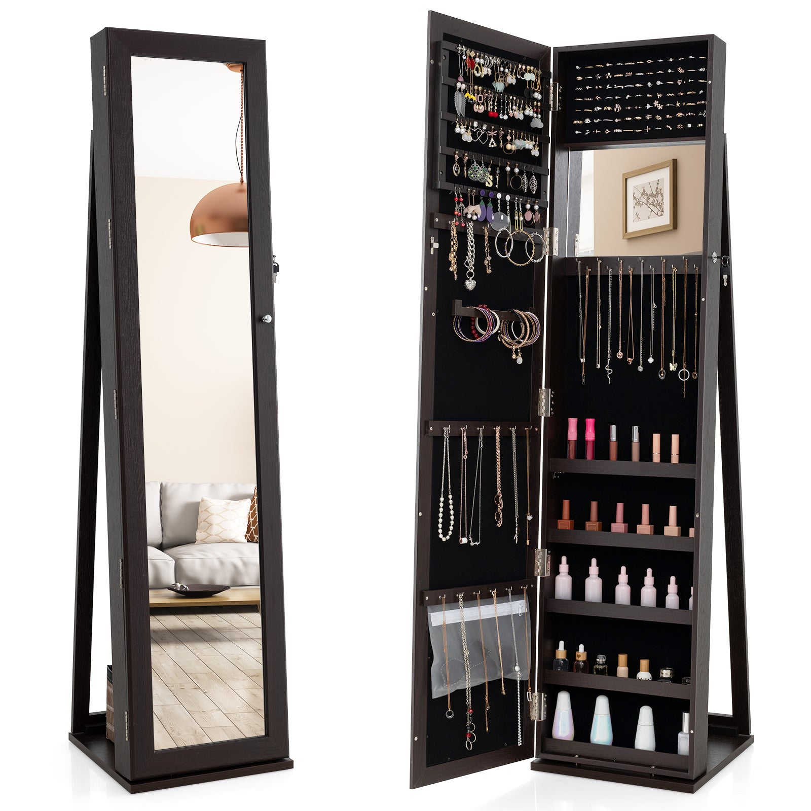 Lockable Jewelry Storage Organizer, Full-Length Mirror, Coffee Jewelry Armoires Coffee at Gallery Canada