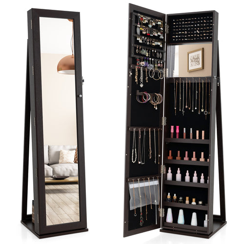 Lockable Jewelry Storage Organizer, Full-Length Mirror, Coffee