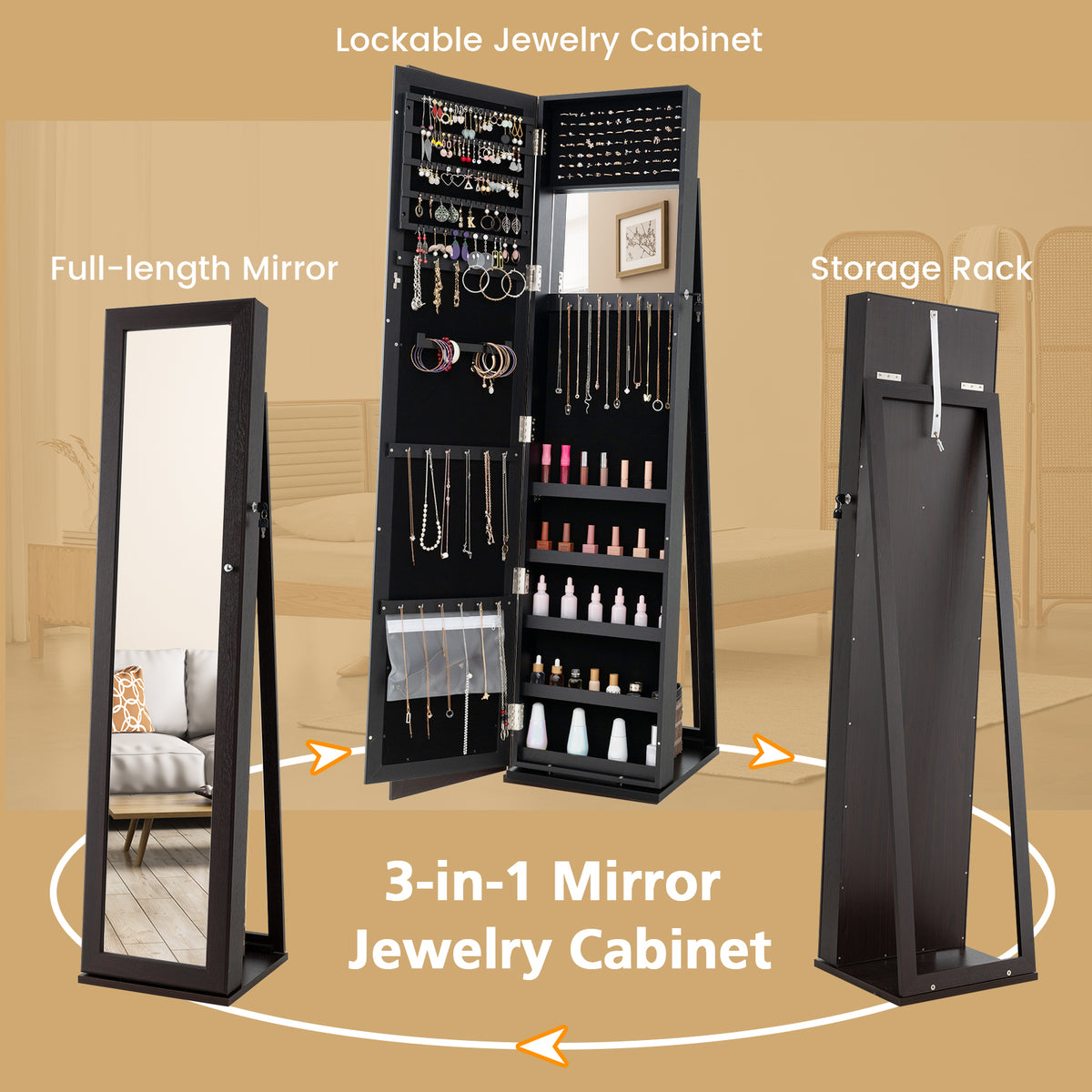 Lockable Jewelry Storage Organizer, Full-Length Mirror, Coffee Jewelry Armoires at Gallery Canada