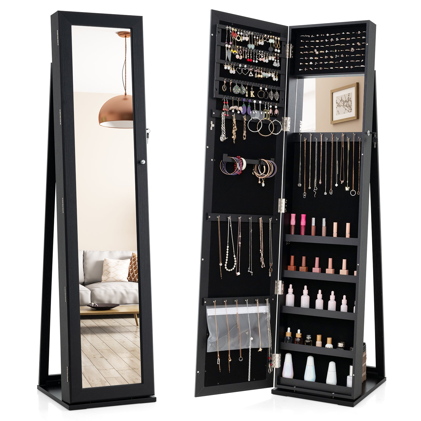 Standing Lockable Jewelry Organizer With Full-Length Mirror, Black Jewelry Armoires Black at Gallery Canada