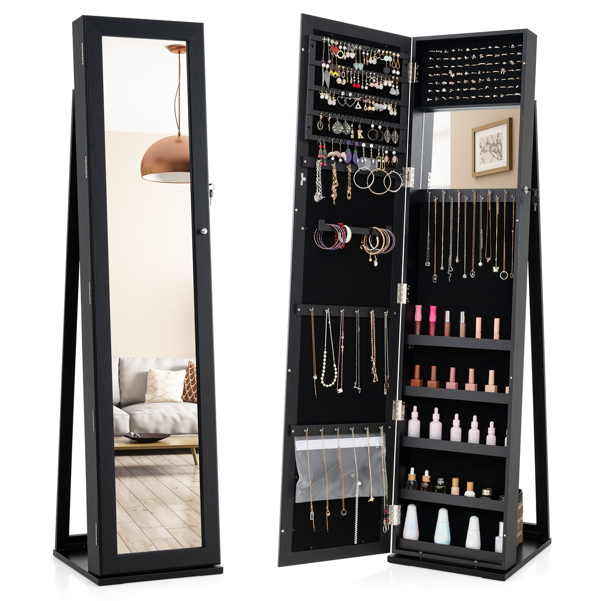 Standing Lockable Jewelry Organizer With Full-Length Mirror, Black Jewelry Armoires Black at Gallery Canada