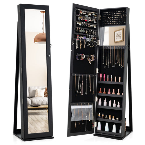 Standing Lockable Jewelry Organizer With Full-Length Mirror, Black