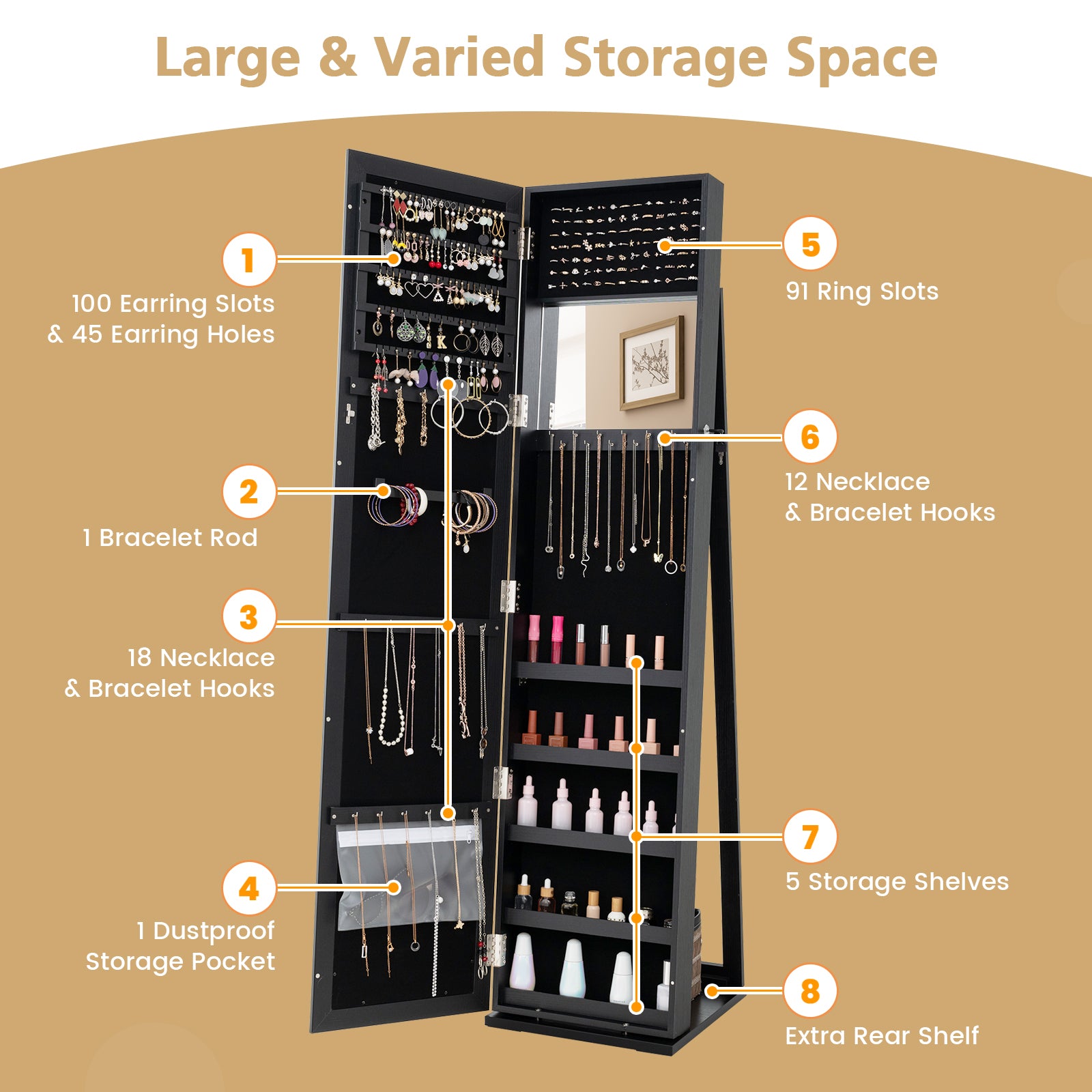 Standing Lockable Jewelry Organizer With Full-Length Mirror, Black Jewelry Armoires at Gallery Canada
