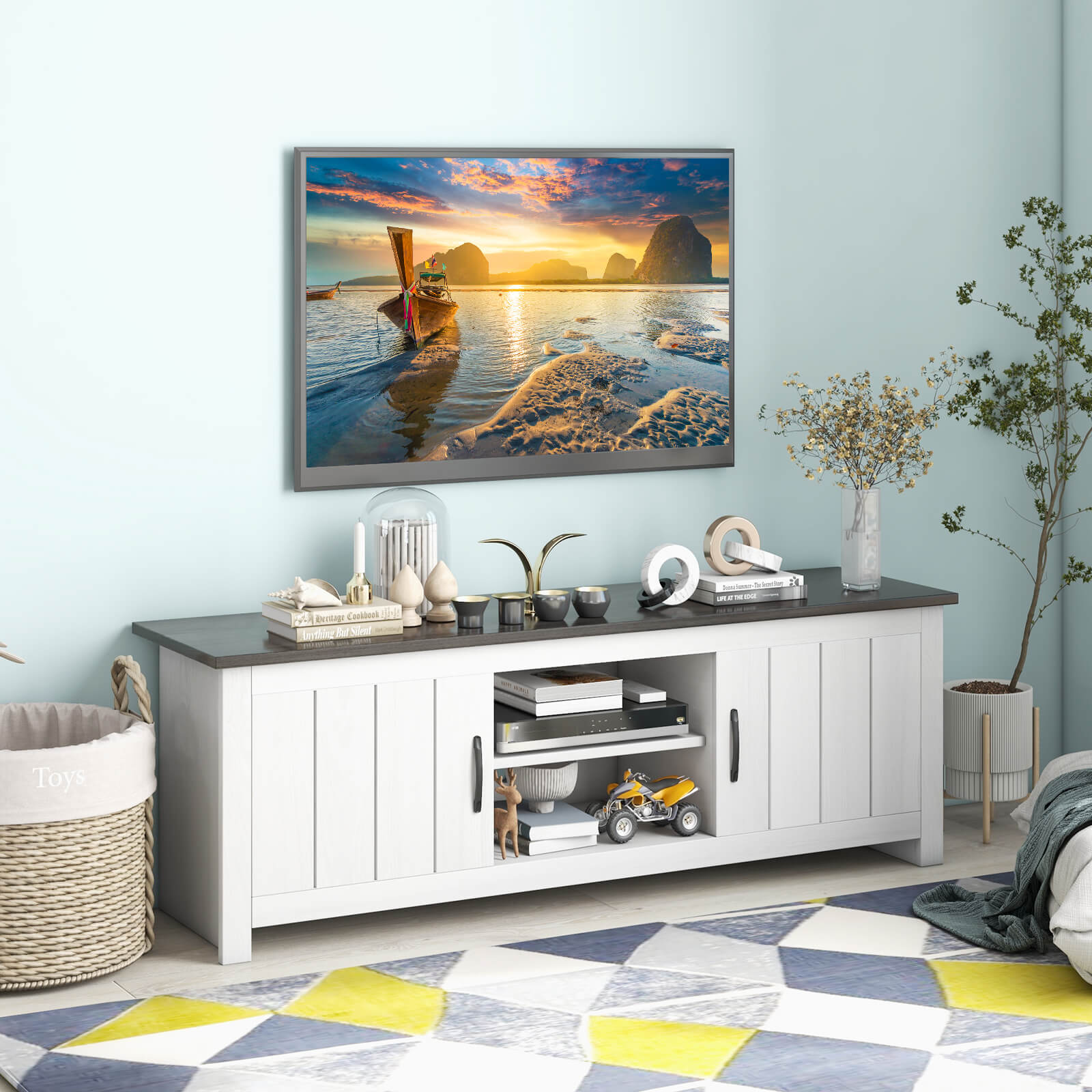 TV Stand With 2 Cabinets, Open Shelves, 65 Inches, Dark Brown Entertainment Centers & TV Stands at Gallery Canada