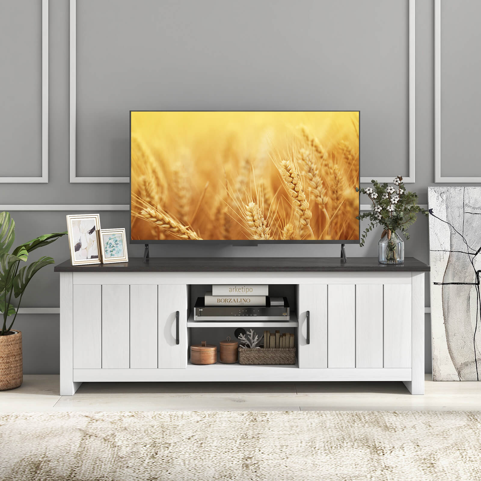 TV Stand With 2 Cabinets, Open Shelves, 65 Inches, Dark Brown Entertainment Centers & TV Stands at Gallery Canada
