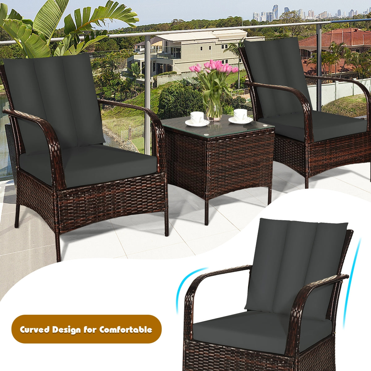 Patio Rattan Furniture Set, 3 Pieces, With Cushions, Gray Patio Conversation Sets at Gallery Canada