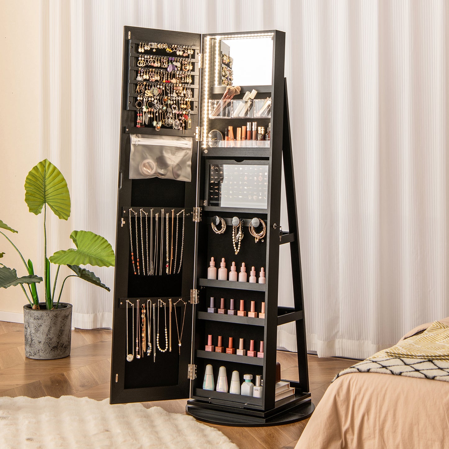 360° Rotating Jewelry Cabinet Armoire, LED Lockable, Black