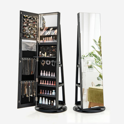 360° Rotating Jewelry Cabinet Armoire, LED Lockable, Black