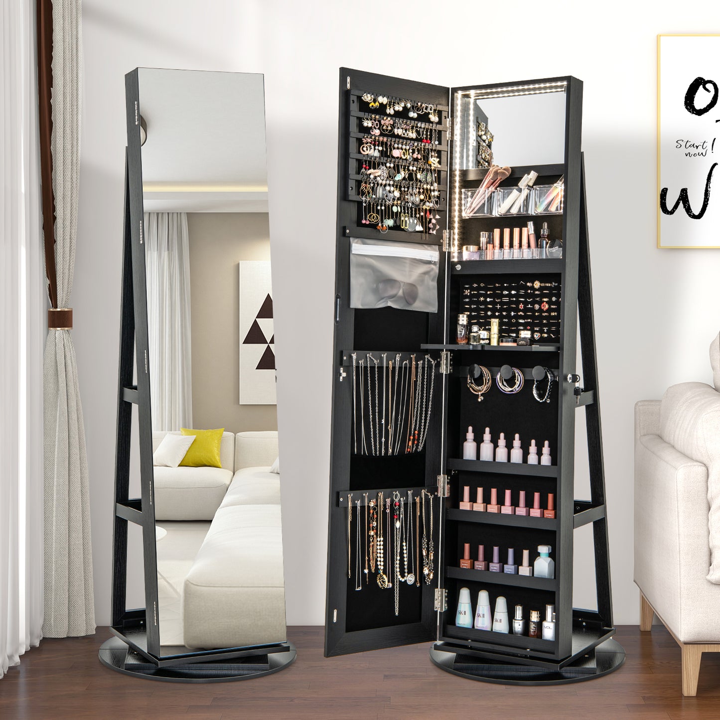 360° Rotating Jewelry Cabinet Armoire, LED Lockable, Black