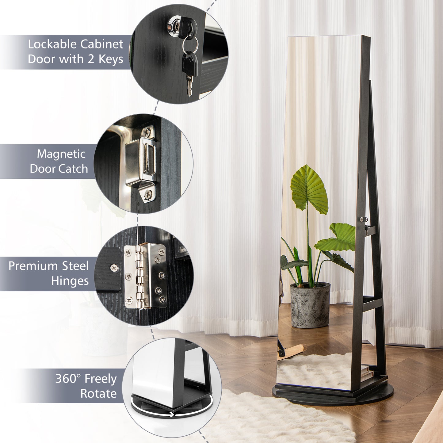 360° Rotating Jewelry Cabinet Armoire, LED Lockable, Black