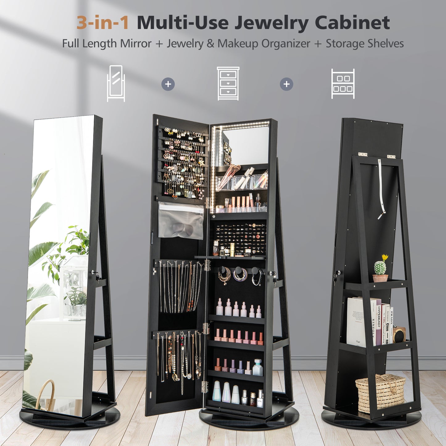 360° Rotating Jewelry Cabinet Armoire, LED Lockable, Black