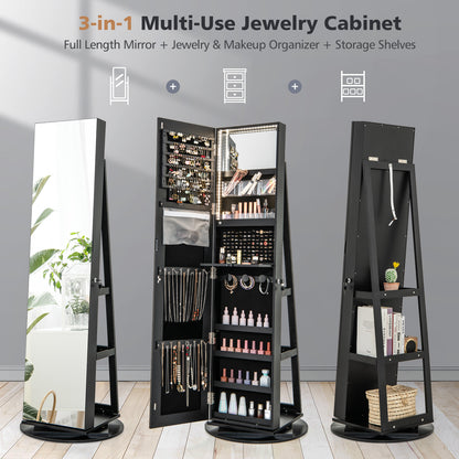 360° Rotating Jewelry Cabinet Armoire, LED Lockable, Black