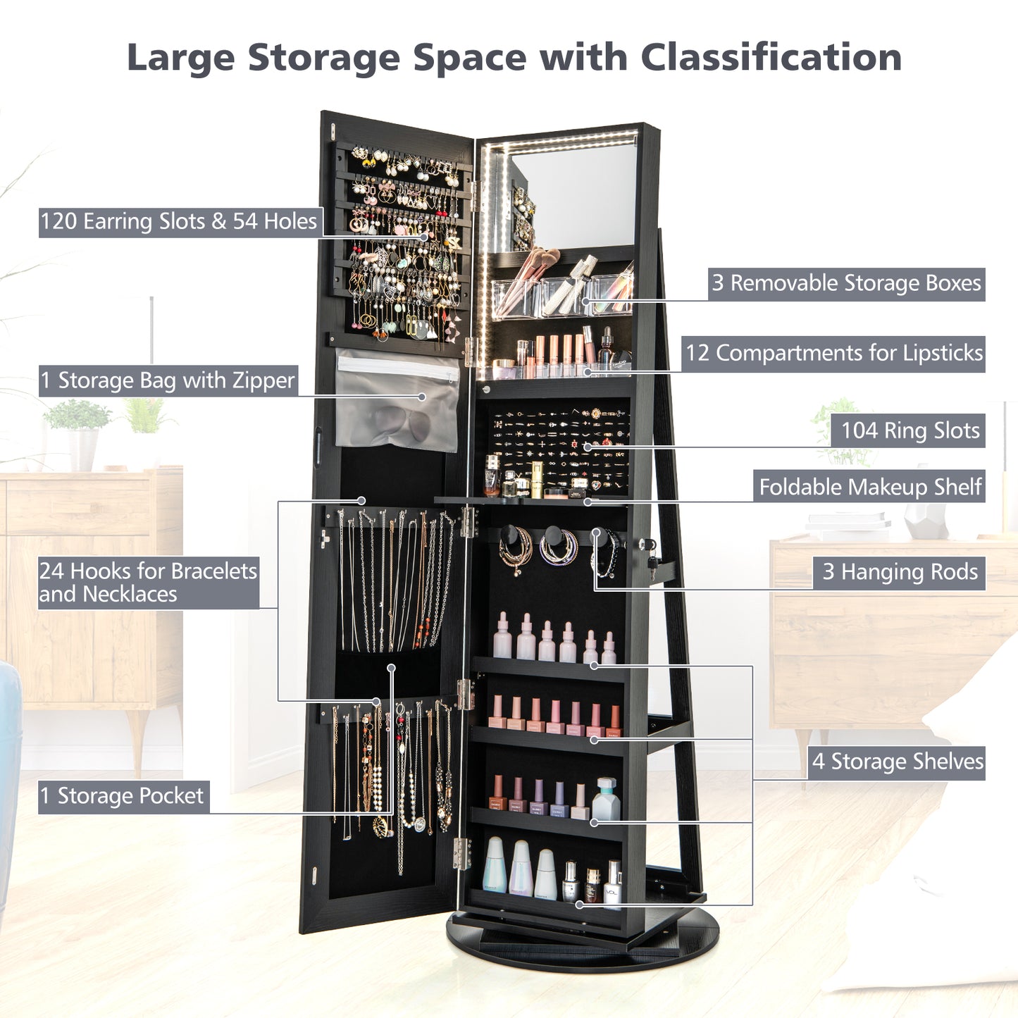 360° Rotating Jewelry Cabinet Armoire, LED Lockable, Black