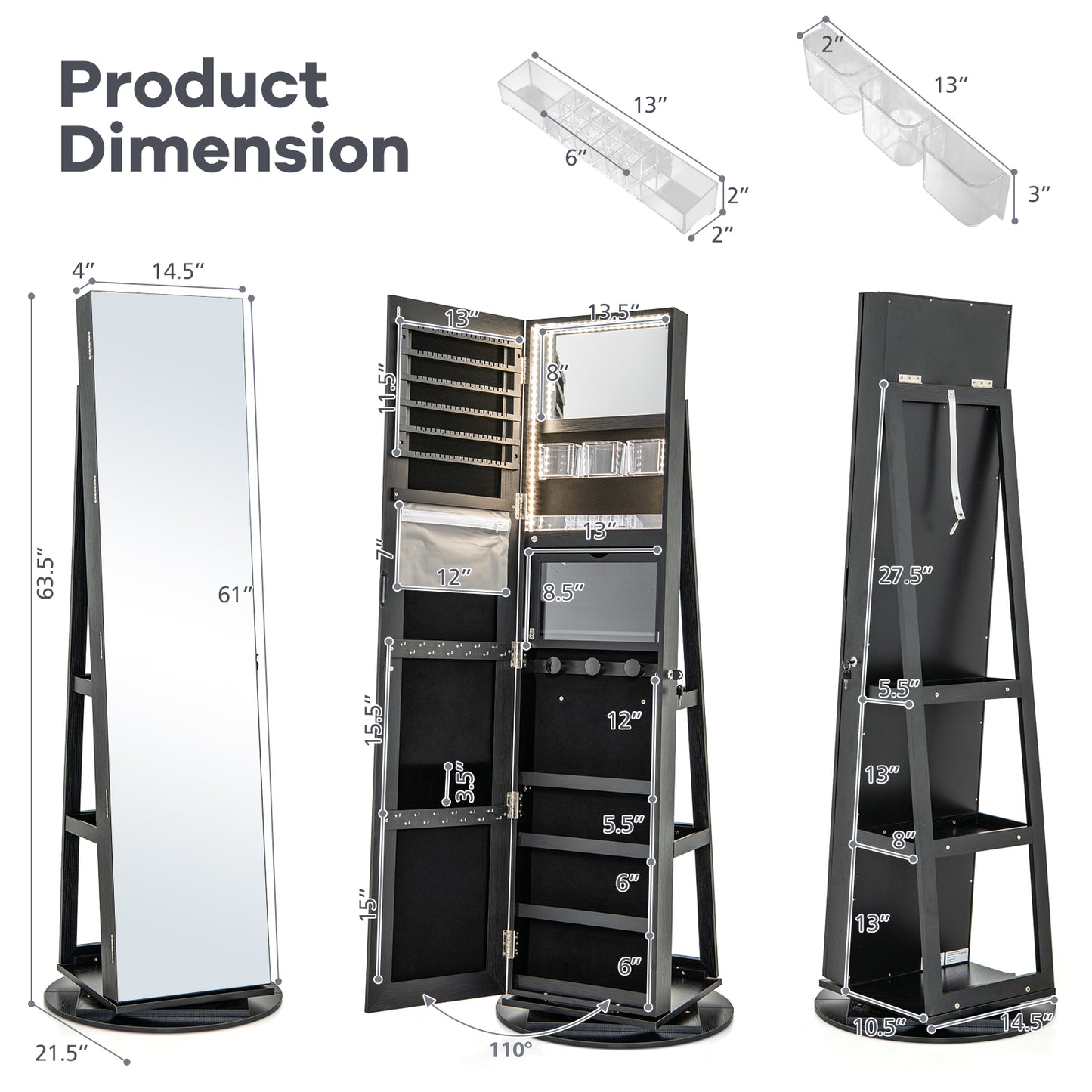 360° Rotating Jewelry Cabinet Armoire, LED Lockable, Black