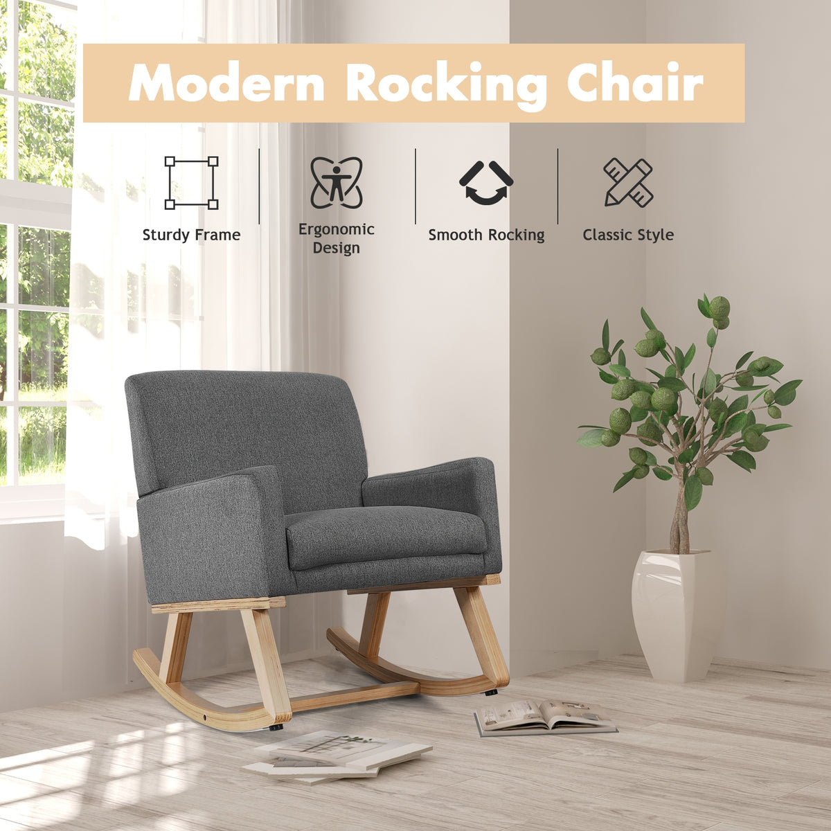 Upholstered Rocking Chair, Solid Wood Base, Gray Accent Chairs at Gallery Canada