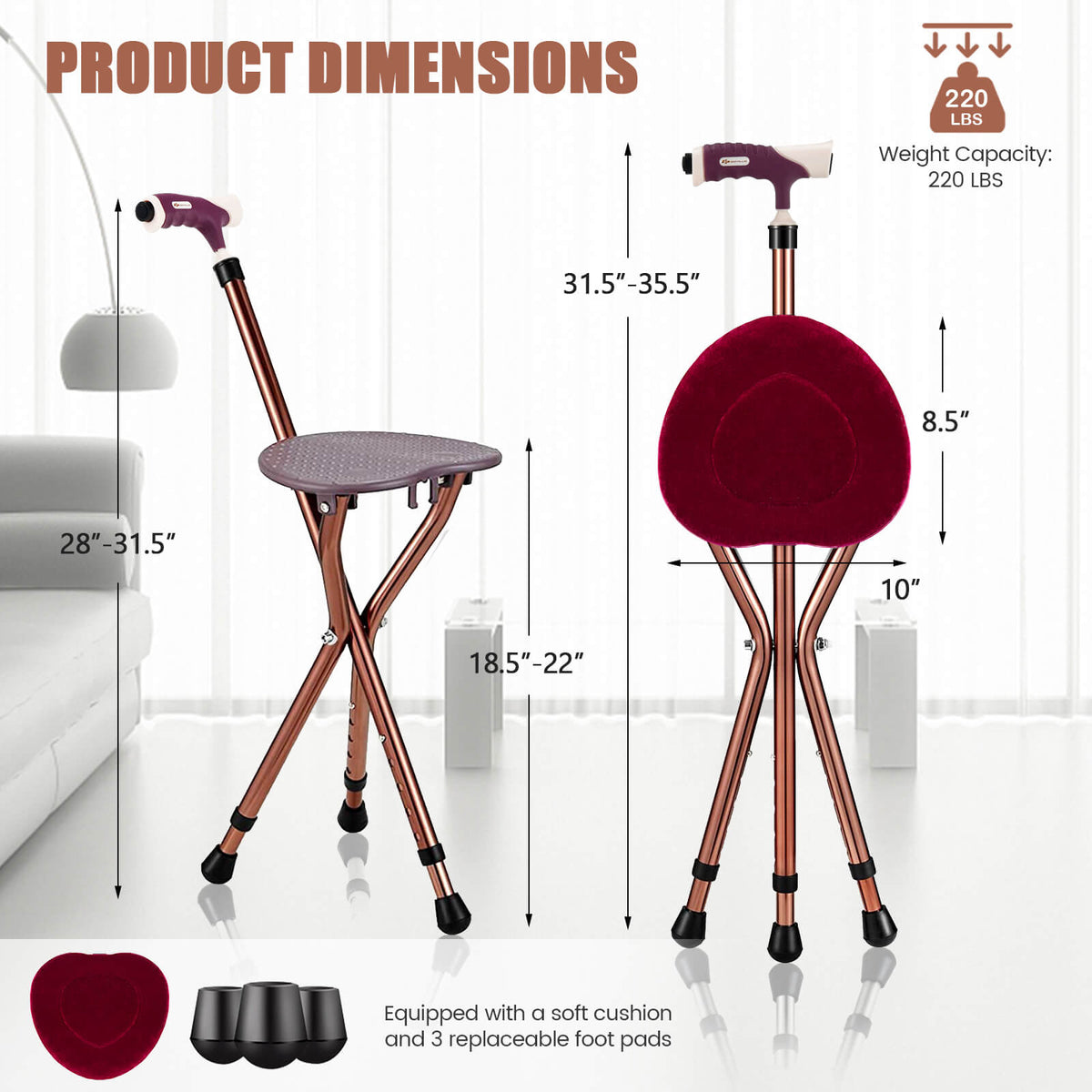Adjustable Folding Cane Seat, Lightweight, Brown Walkers & Rollators at Gallery Canada