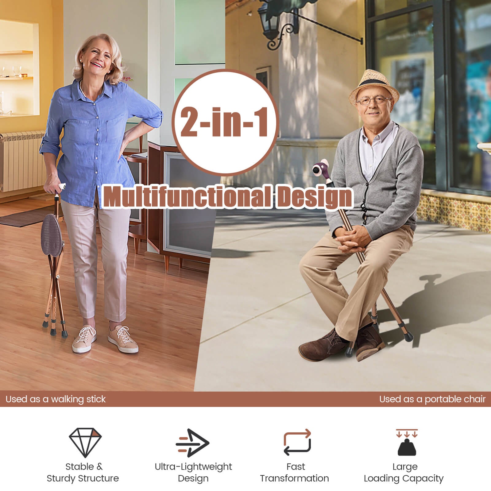 Adjustable Folding Cane Seat, Lightweight, Brown Walkers & Rollators at Gallery Canada