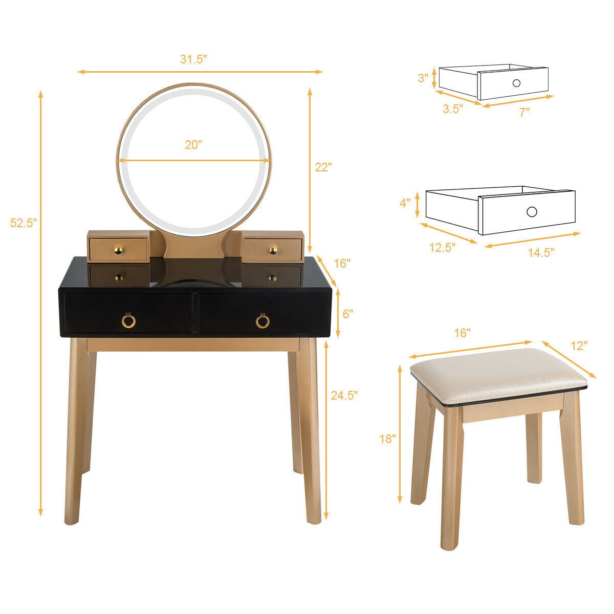 Makeup Vanity Table Set, 3 Color Lighting, Black Makeup Vanities at Gallery Canada