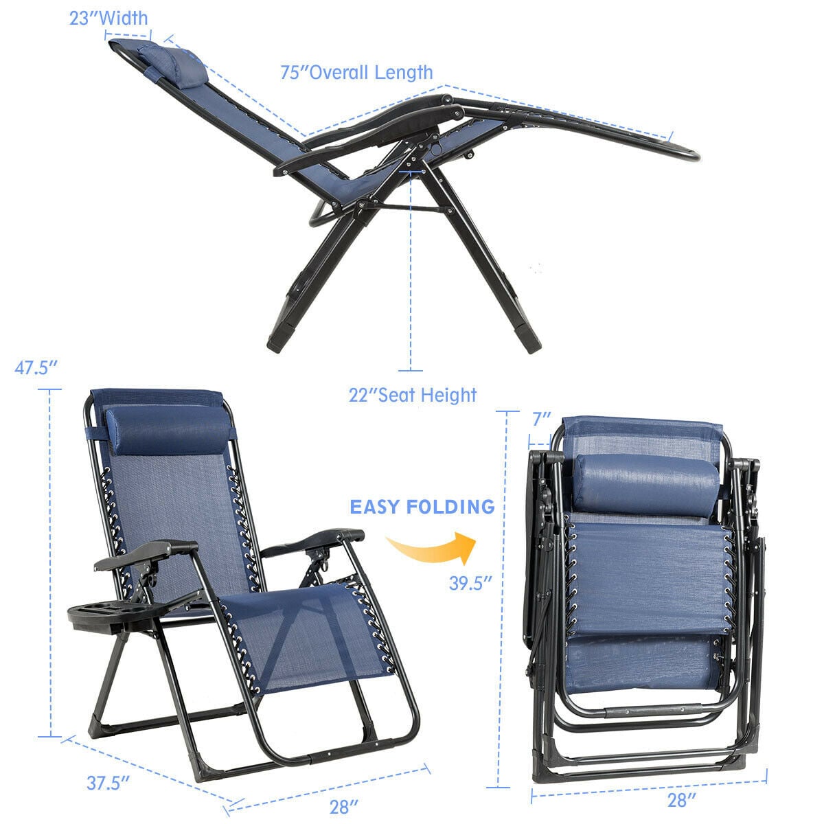 Oversize Lounge Chair With Cup Holder, Heavy Duty, Navy Beach & Lawn Chairs at Gallery Canada