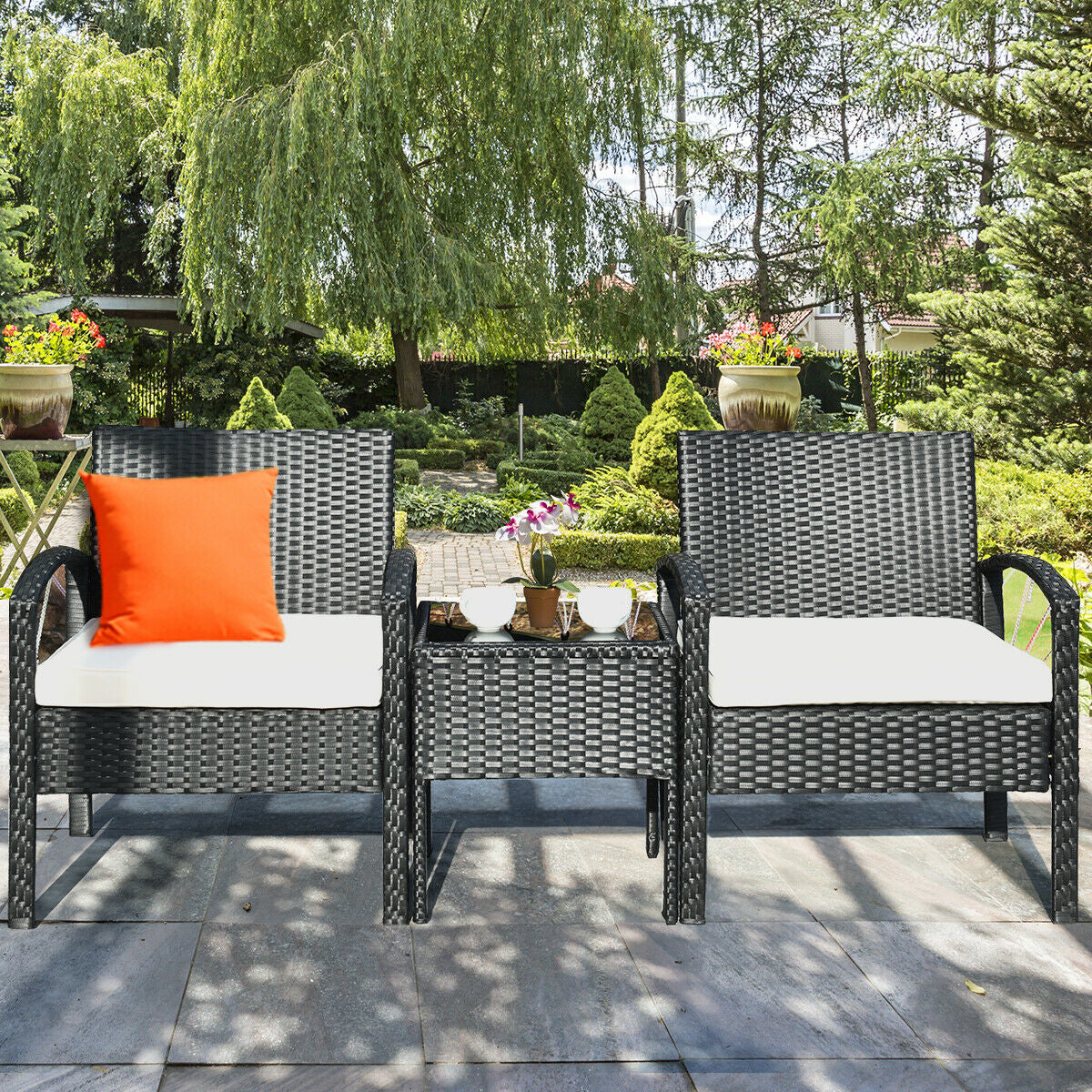 3 Piece Patio Rattan Furniture Set, Sofa Cushioned Table Garden, White Patio Conversation Sets at Gallery Canada