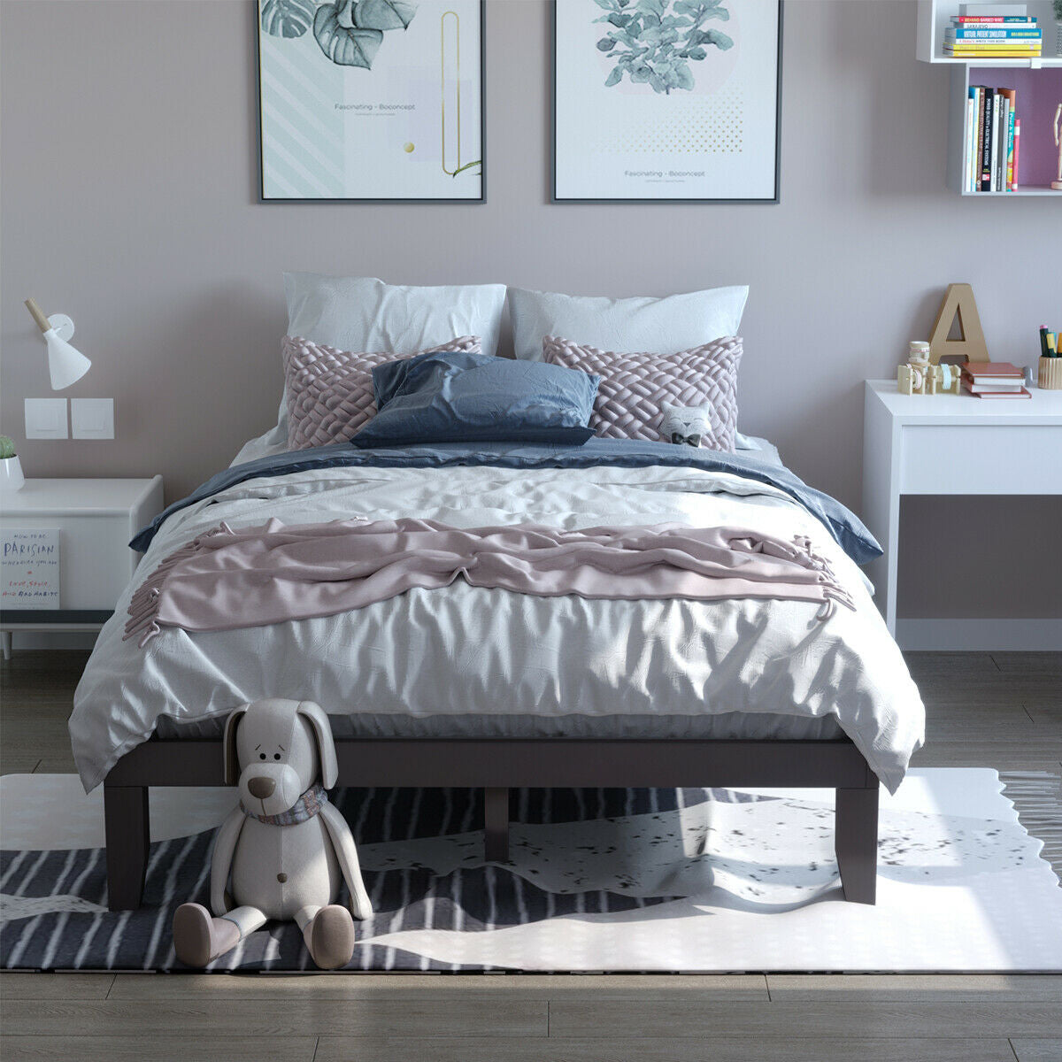 Queen Size 14 Inch Wooden Bed Frame, Mattress, Brown Simple Bed Frame at Gallery Canada