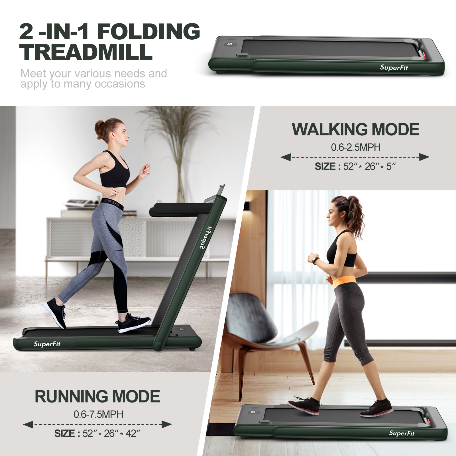 Electric Folding Treadmill, Dual Display, Speaker, Green Treadmills at Gallery Canada