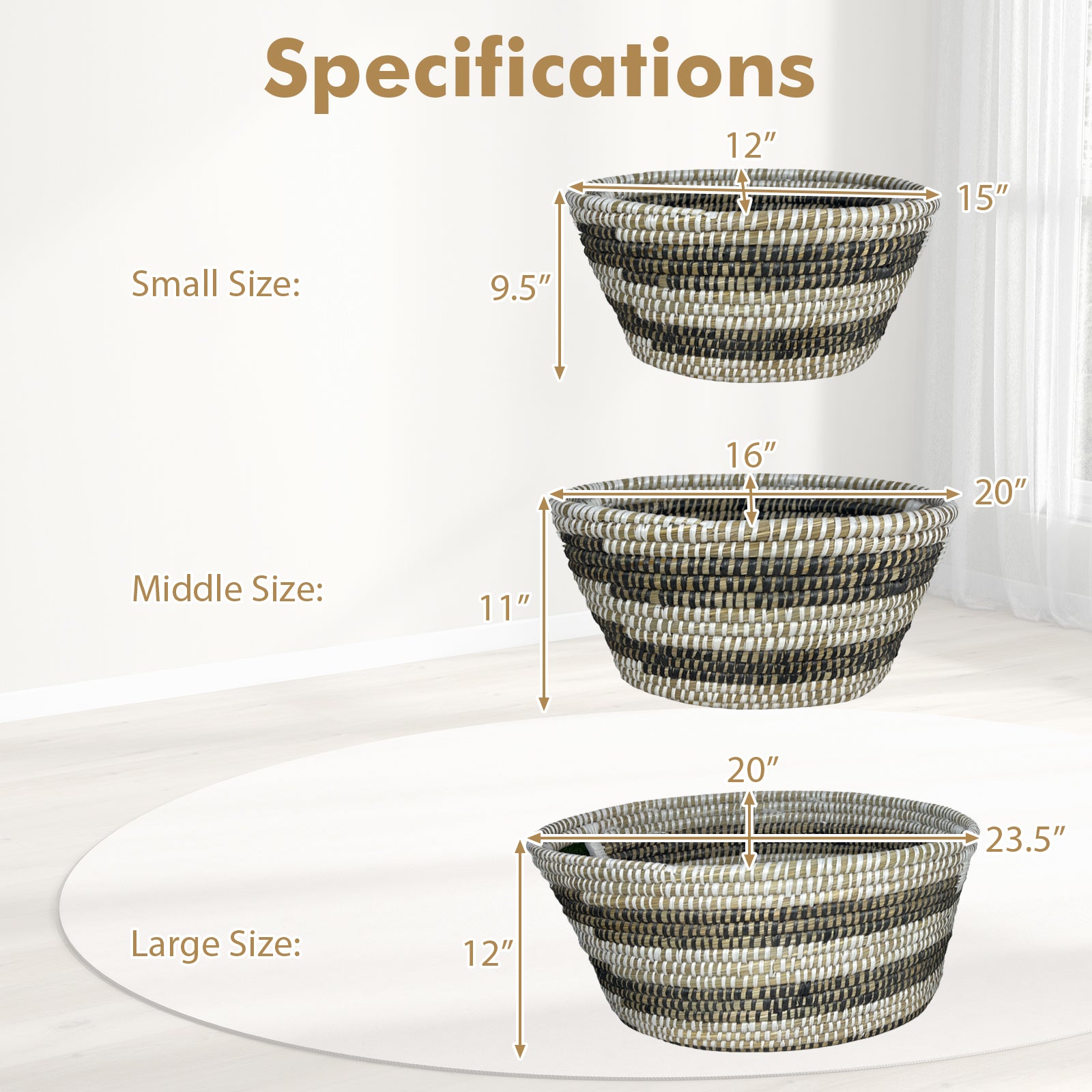 Natural Canes Grass Baskets, Stackable Storage Bins, Set Of 3, Hollowed Handles Laundry Baskets at Gallery Canada