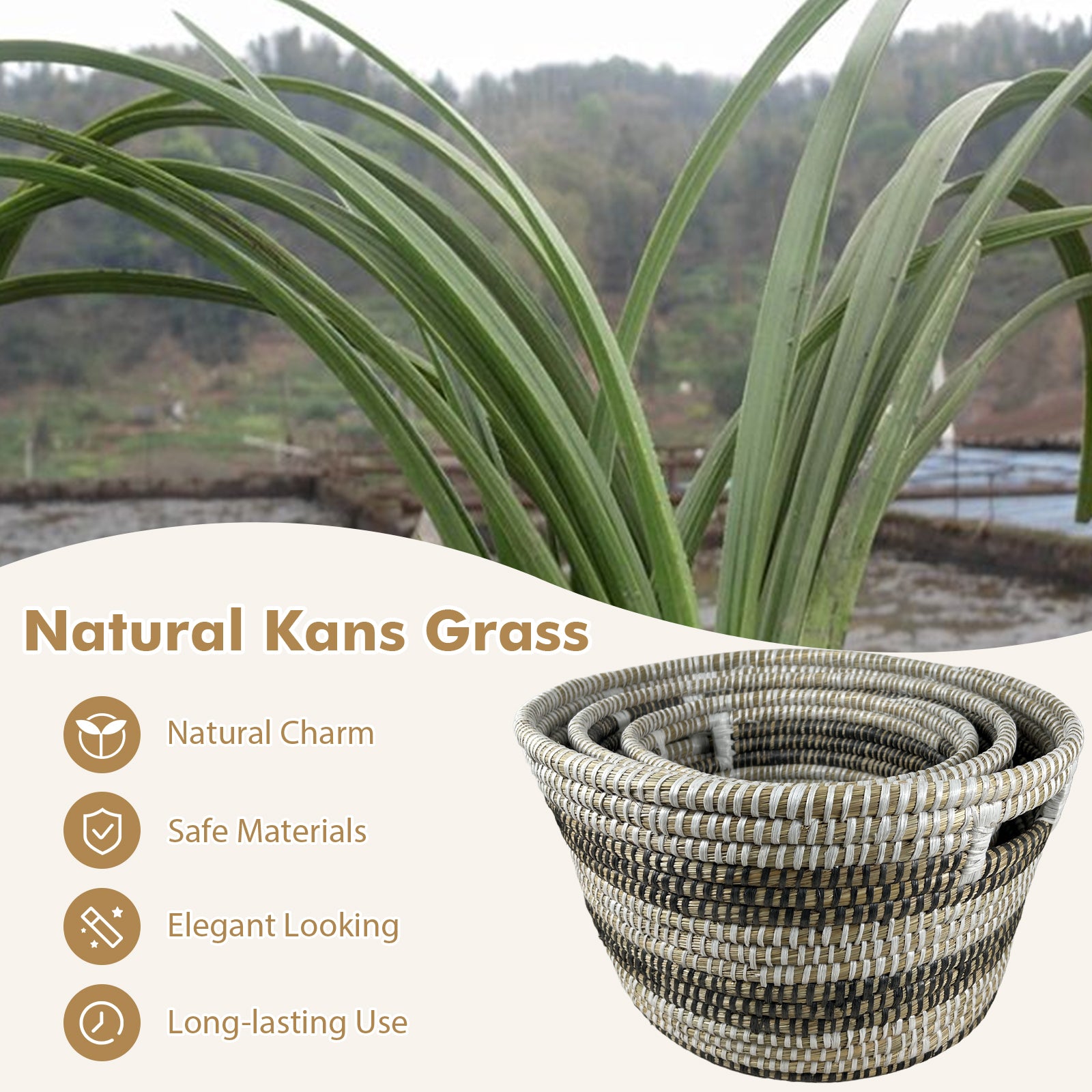 Natural Canes Grass Baskets, Stackable Storage Bins, Set Of 3, Hollowed Handles Laundry Baskets at Gallery Canada