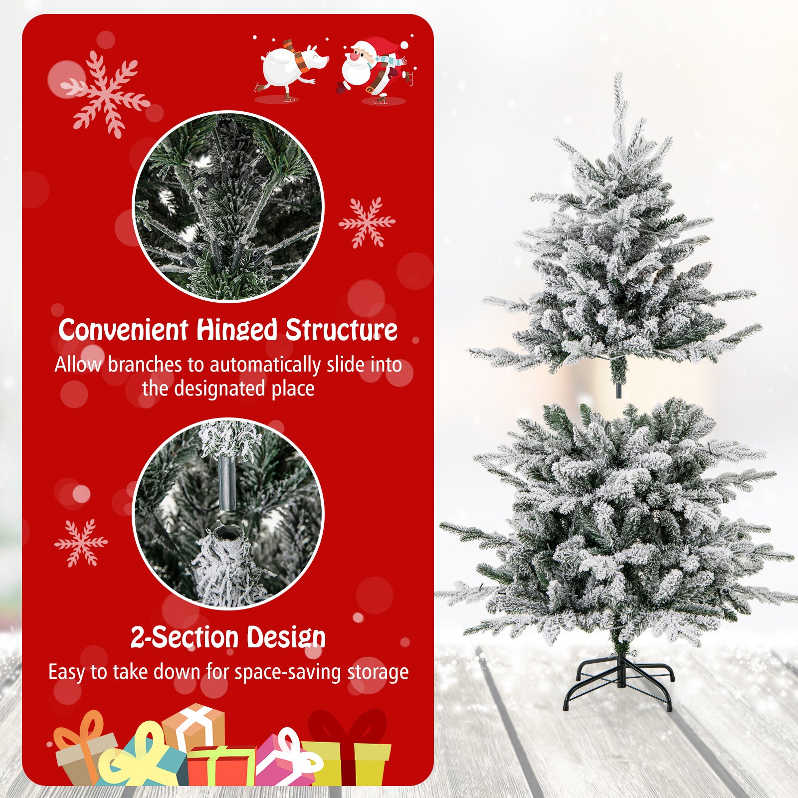 4.5 ft Flocked Christmas Tree, 8 Lighting Modes, Multi-Color LED Lights, Green Christmas Tree at Gallery Canada