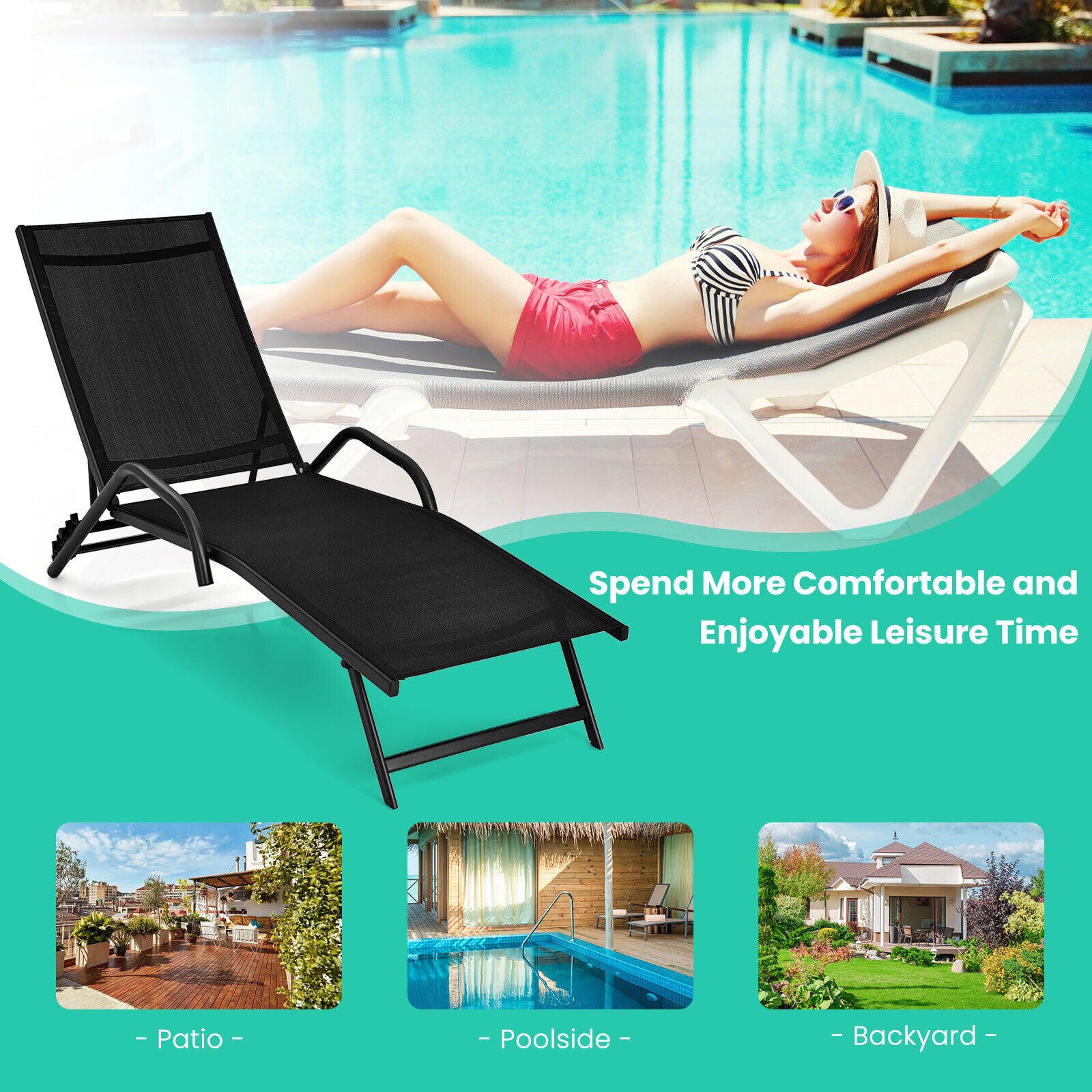 Outdoor Chaise Lounge, 5-Position Adjustable Backrest, Black Outdoor Chaise Lounges at Gallery Canada