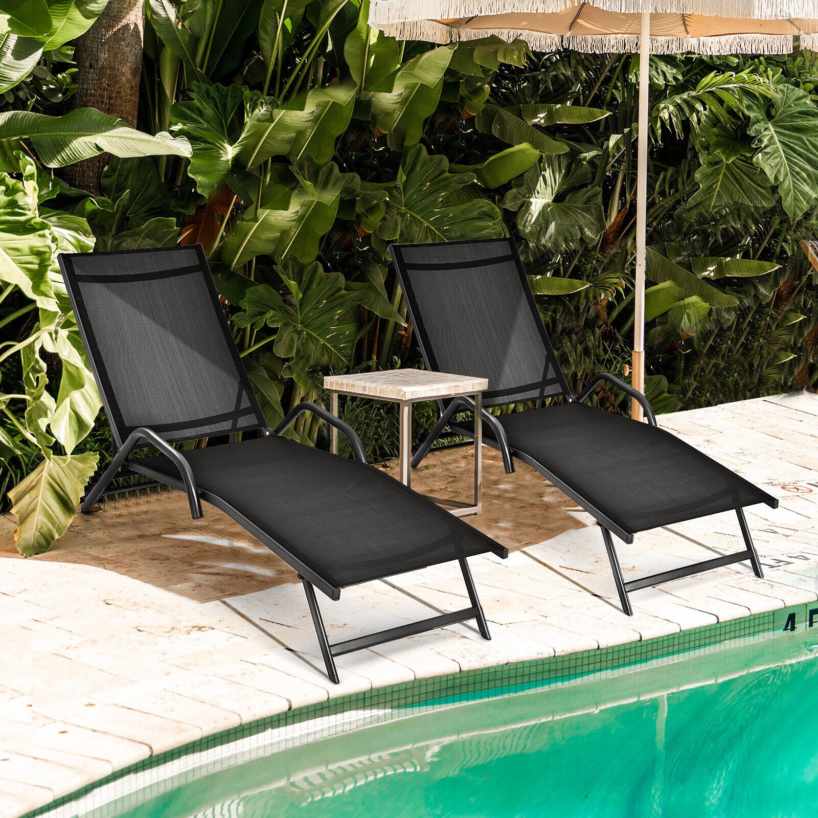 Outdoor Chaise Lounge, 5-Position Adjustable Backrest, Black Outdoor Chaise Lounges at Gallery Canada