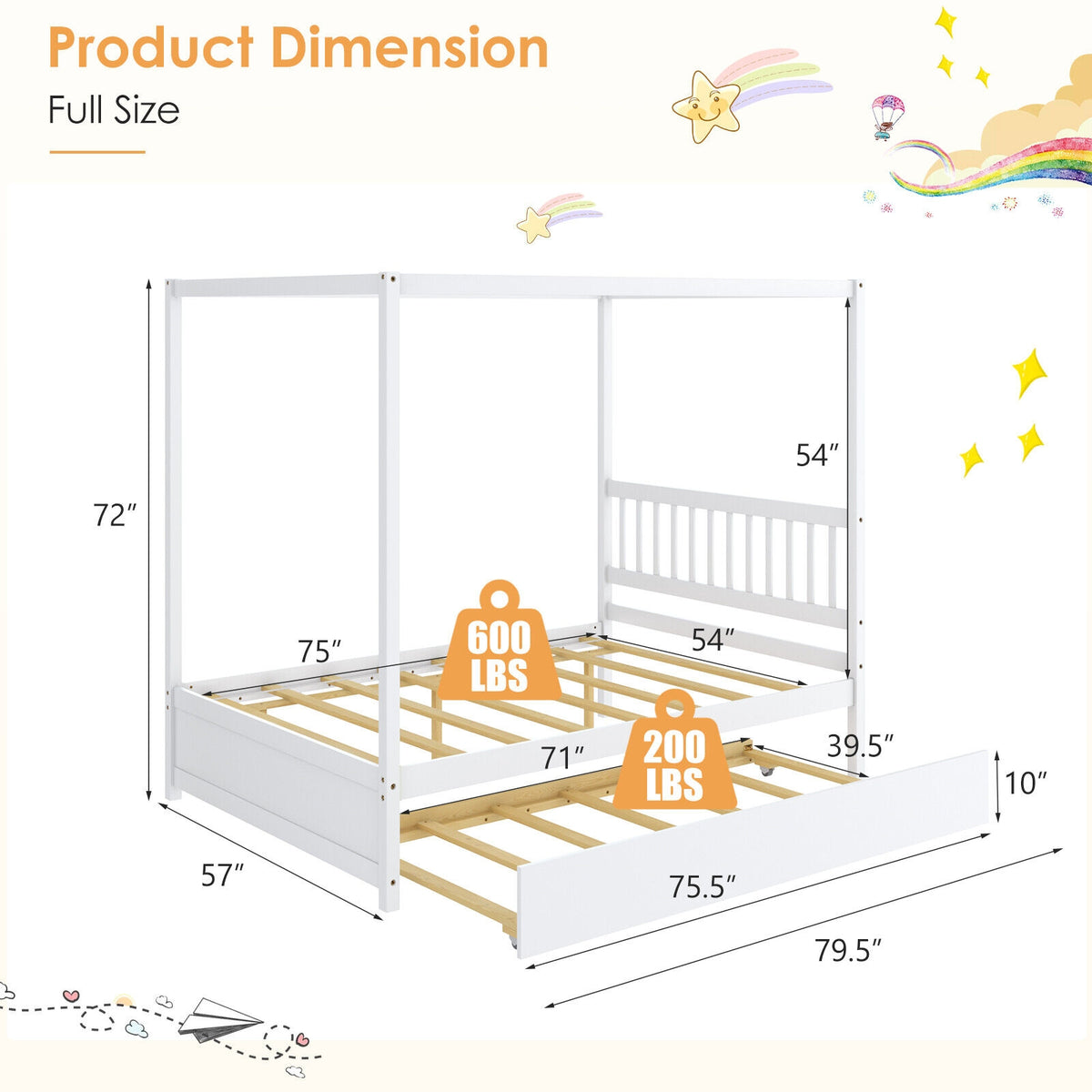 Full Size Canopy Bed With Trundle, Wooden Platform Frame, White Trundle Bed Frame at Gallery Canada