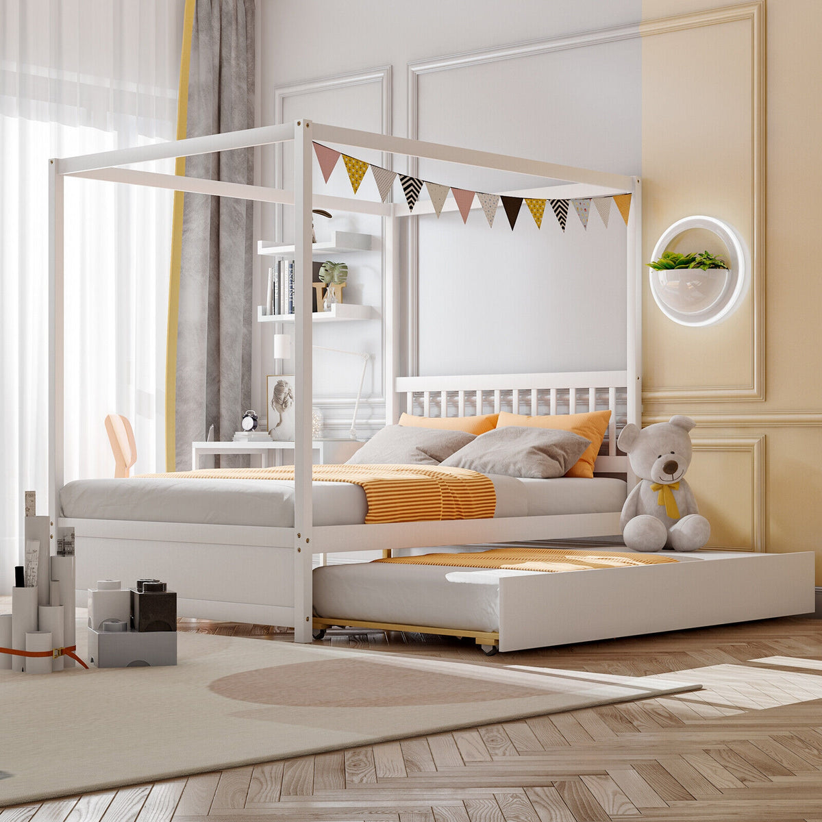 Full Size Canopy Bed With Trundle, Wooden Platform Frame, White Trundle Bed Frame at Gallery Canada