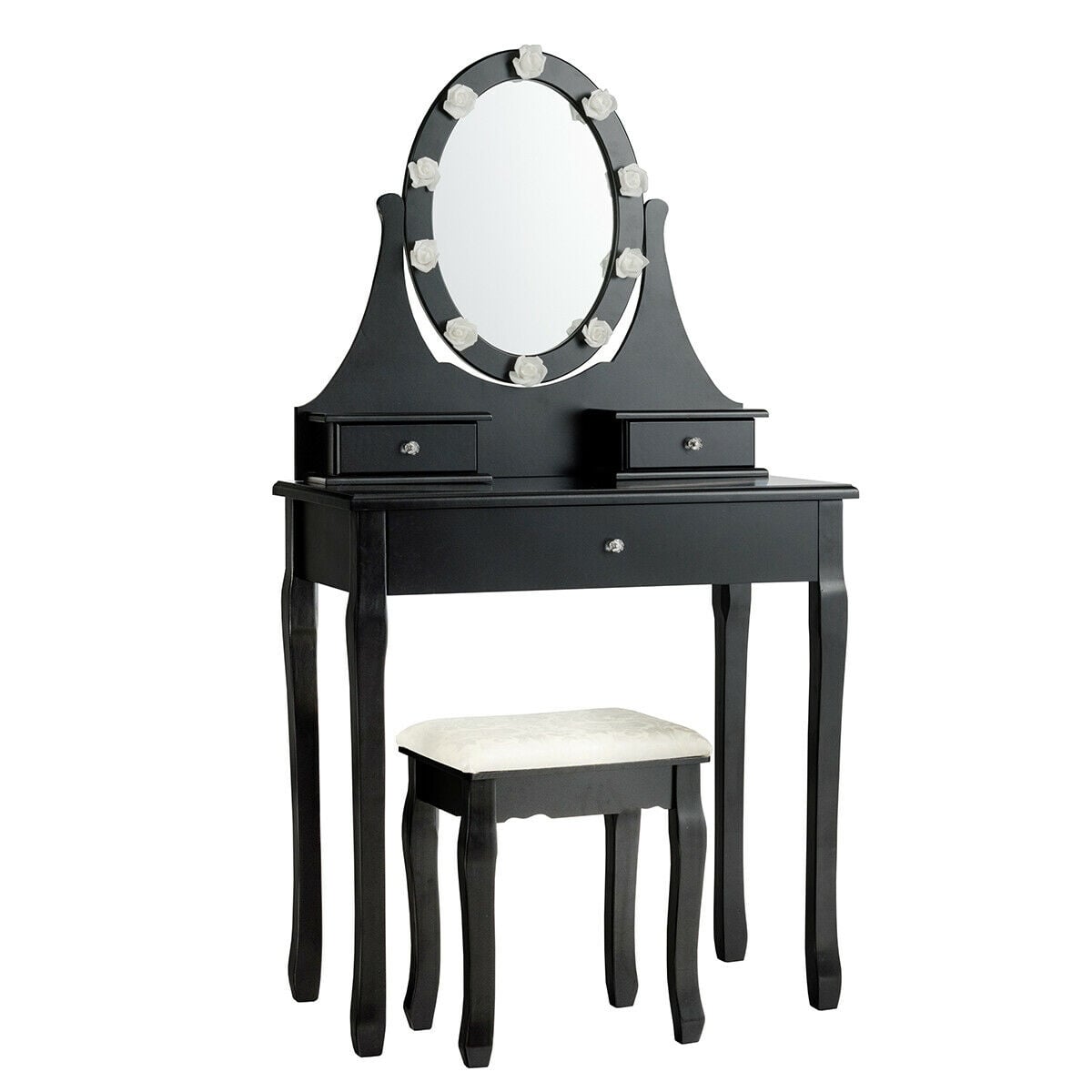 3 Drawer Lighted Mirror Vanity Table With Stool, Black Makeup Vanities at Gallery Canada