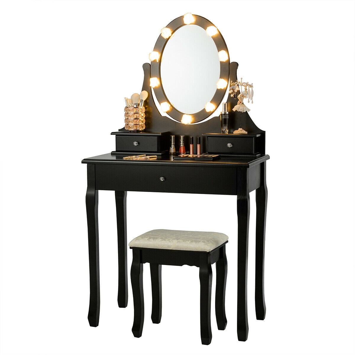 3 Drawer Lighted Mirror Vanity Table With Stool, Black Makeup Vanities at Gallery Canada