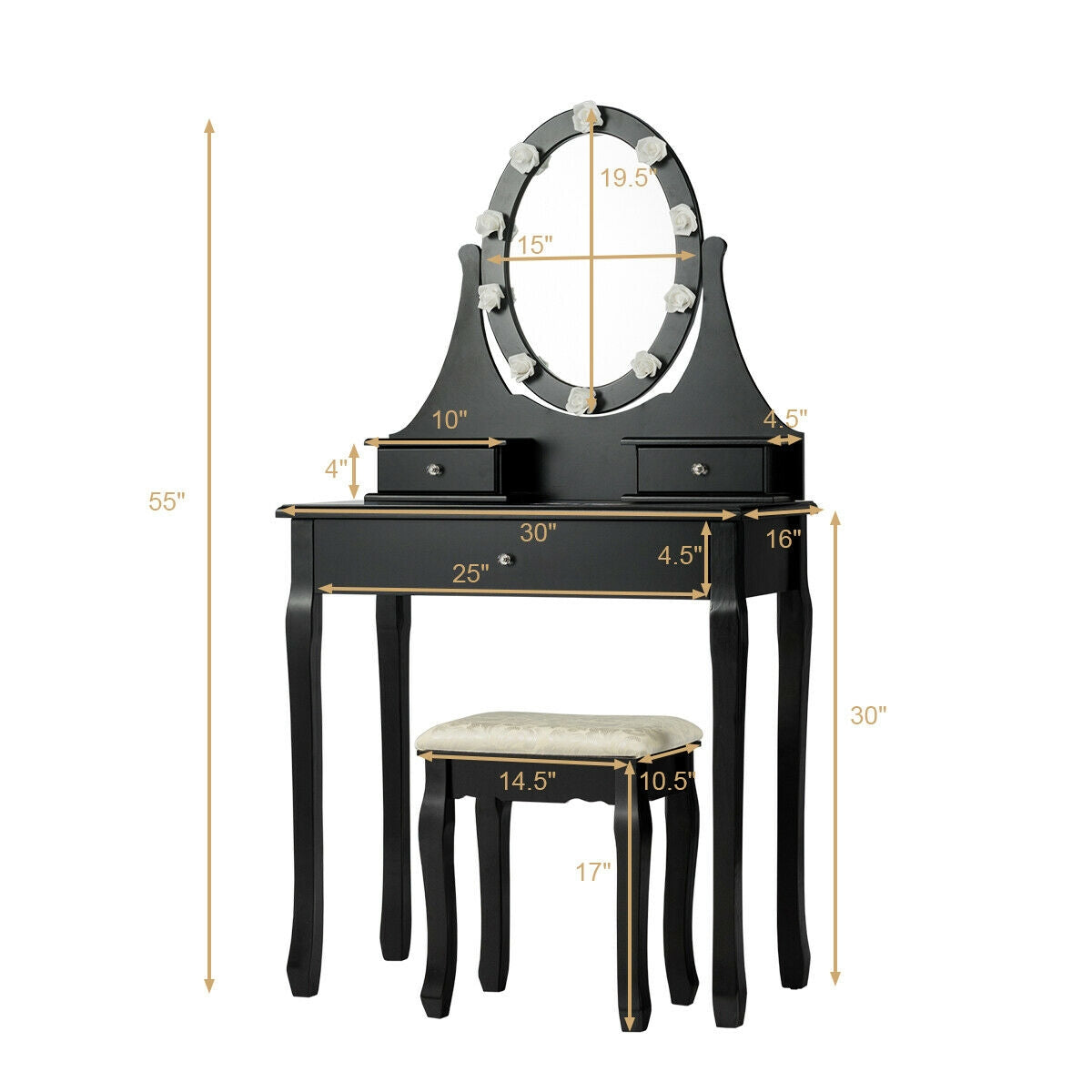 3 Drawer Lighted Mirror Vanity Table With Stool, Black Makeup Vanities at Gallery Canada