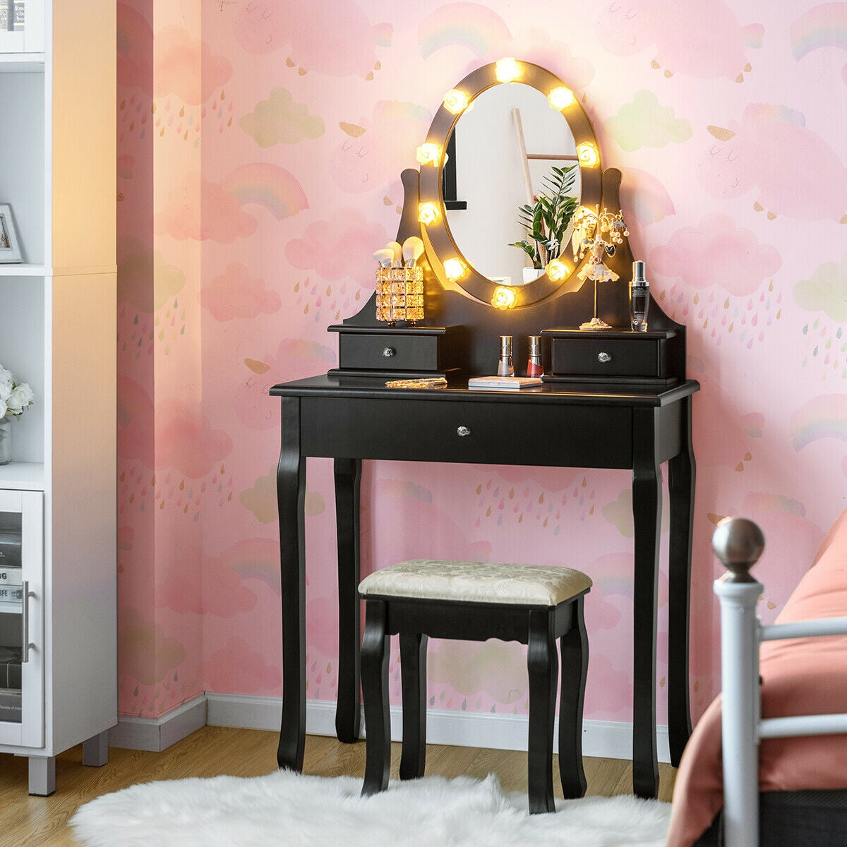 3 Drawer Lighted Mirror Vanity Table With Stool, Black Makeup Vanities at Gallery Canada