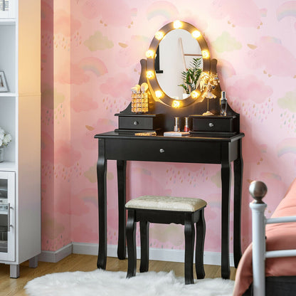 3 Drawer Lighted Mirror Vanity Table With Stool, Black Makeup Vanities at Gallery Canada