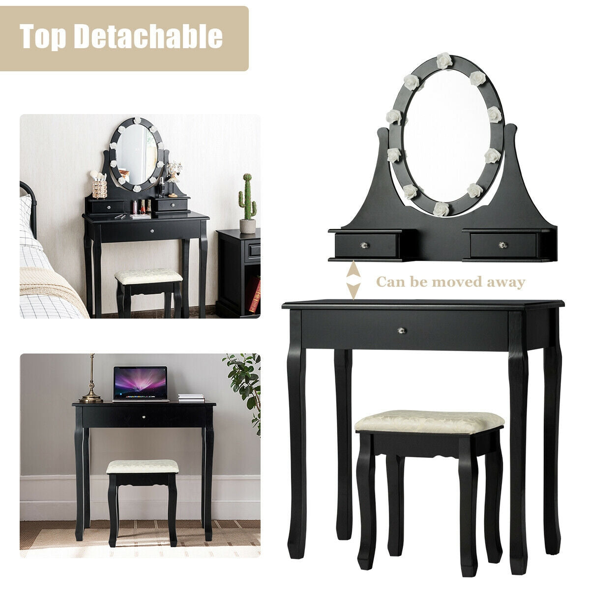 3 Drawer Lighted Mirror Vanity Table With Stool, Black Makeup Vanities at Gallery Canada