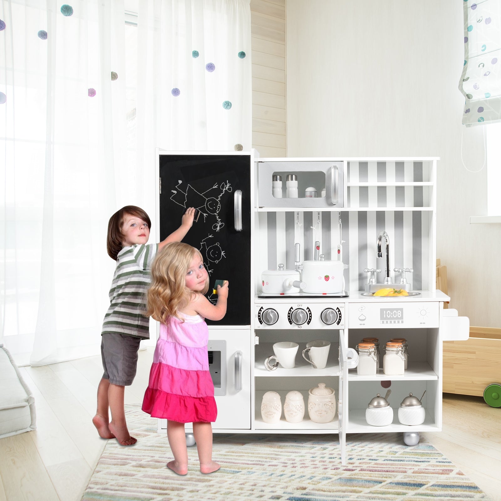 Wooden Pretend Play Kitchen Set With Simulated Sound, White Play Kitchen Sets at Gallery Canada