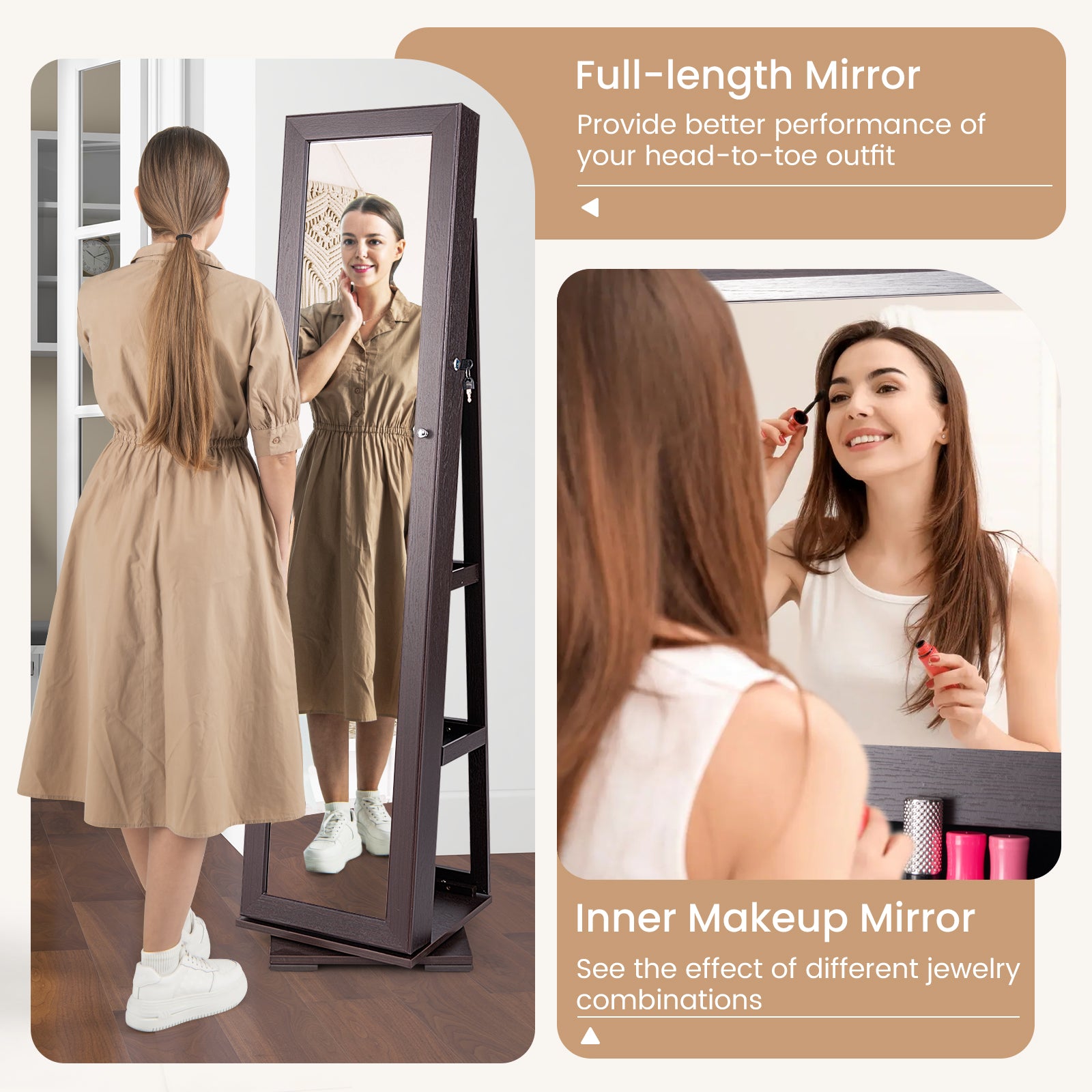 2-in-1 Lockable Jewelry Cabinet, Full-Length Mirror, Dark Brown Jewelry Armoires at Gallery Canada
