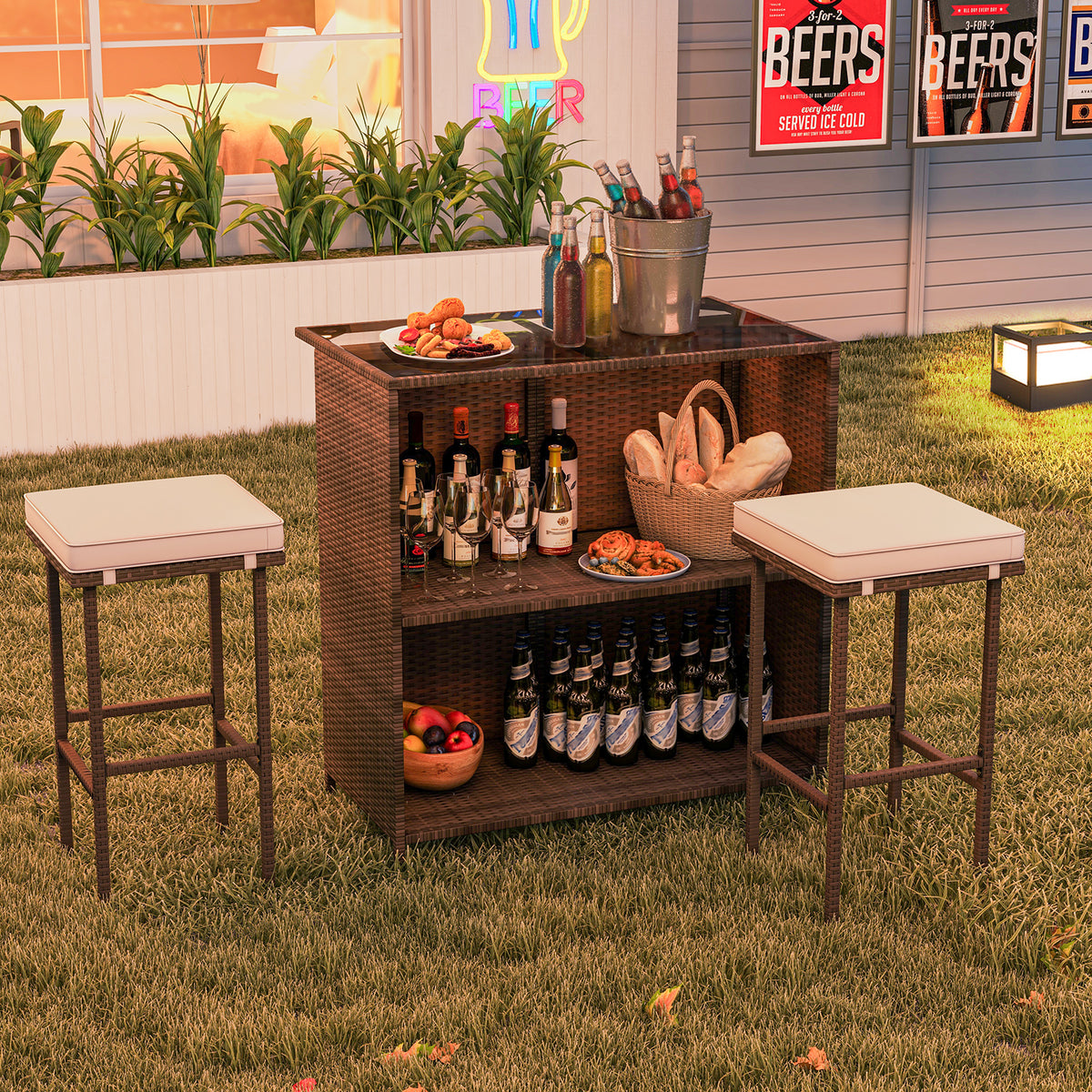 3 Pcs Patio Bar Set, Tempered Glass Tabletop, Brown Outdoor Sectionals at Gallery Canada