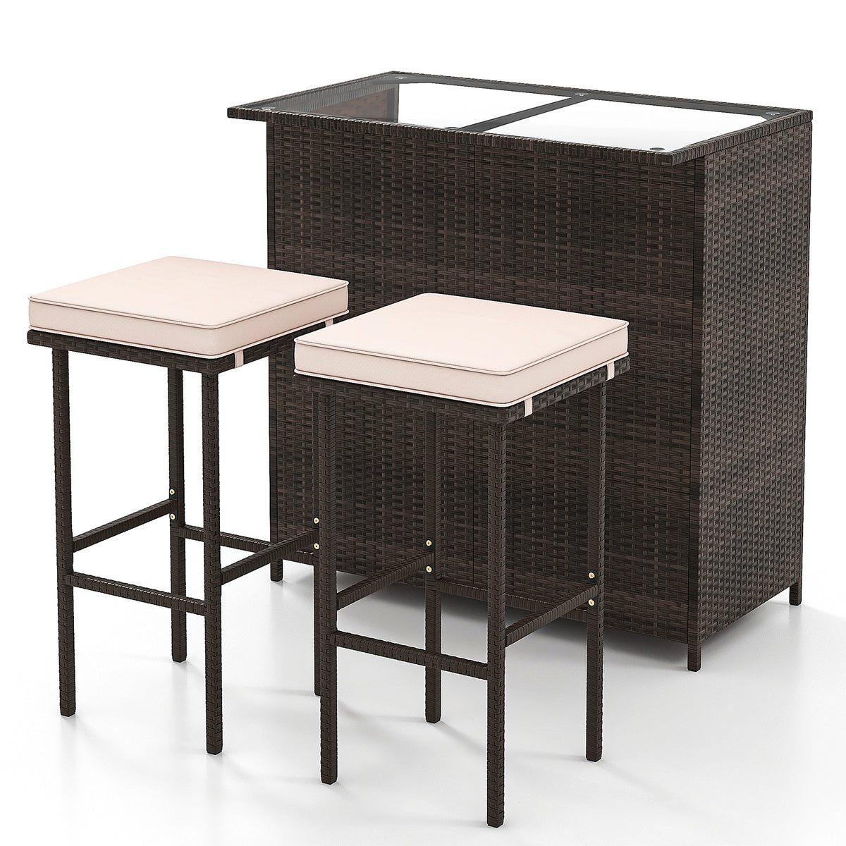 3 Pcs Patio Bar Set, Tempered Glass Tabletop, Brown Outdoor Sectionals Brown at Gallery Canada