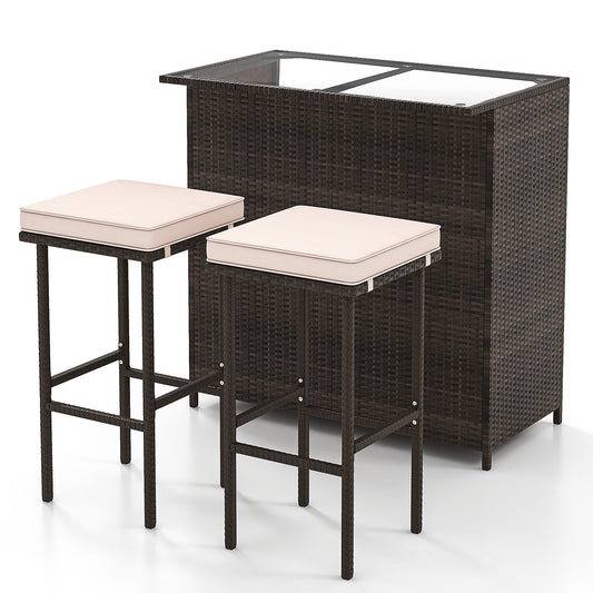 3 Pcs Patio Bar Set, Tempered Glass Tabletop, Brown Outdoor Sectionals Brown at Gallery Canada