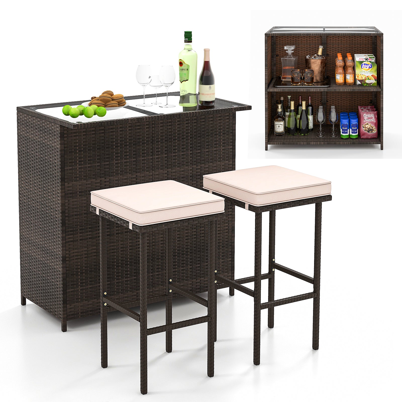 3 Pcs Patio Bar Set, Tempered Glass Tabletop, Brown Outdoor Sectionals at Gallery Canada