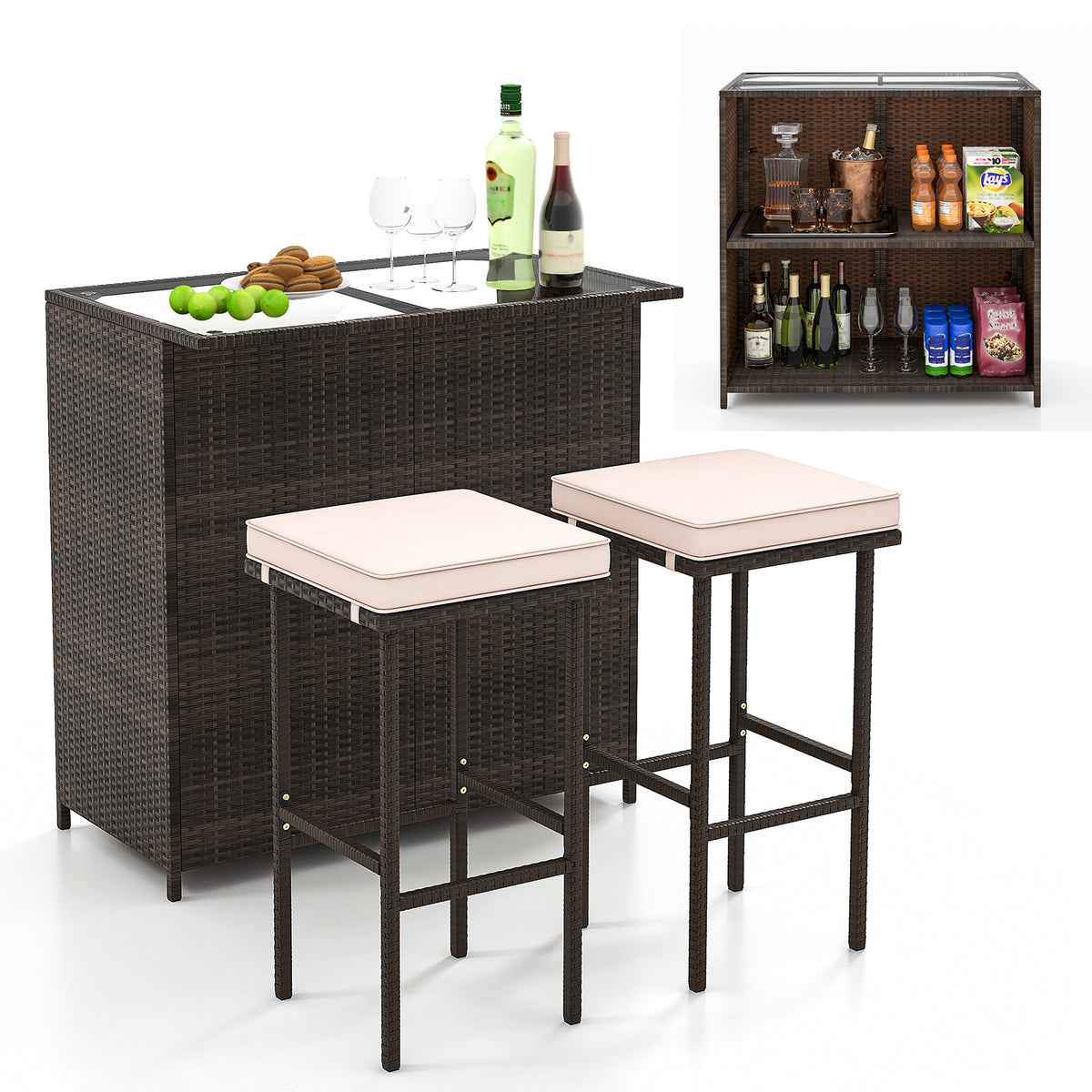 3 Pcs Patio Bar Set, Tempered Glass Tabletop, Brown Outdoor Sectionals at Gallery Canada