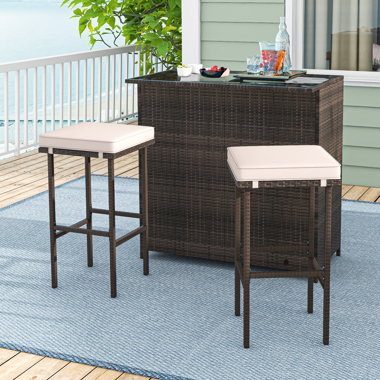 3 Pcs Patio Bar Set, Tempered Glass Tabletop, Brown Outdoor Sectionals at Gallery Canada